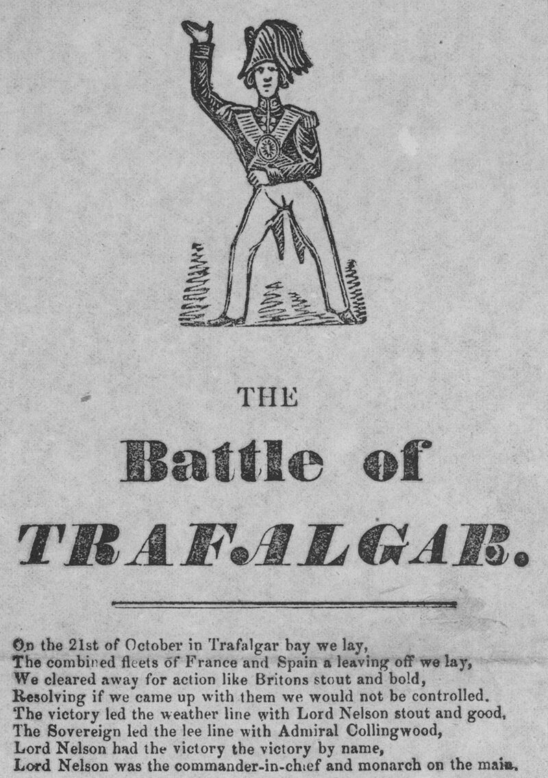 Top of a printed song sheet with a woodcut of Nelson in uniform above the title The Battle of Trafalgar and the first verse