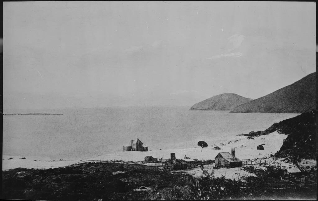 A few wooden buildings on a beach below the hills at the mouth of Otago Harbour